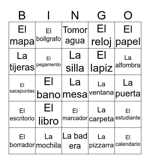 Classroom objects in Spanish  Bingo Card