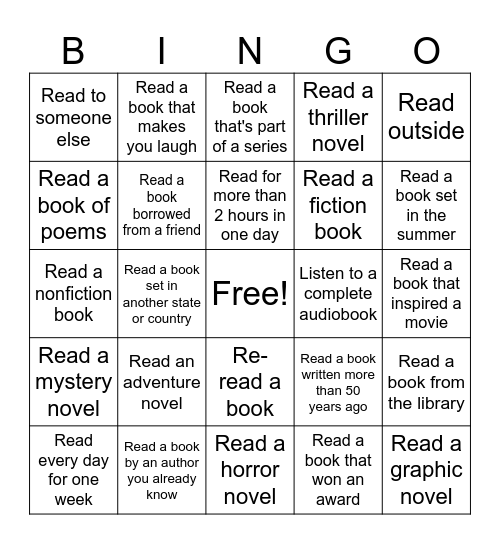 Summer Reading Bingo Card