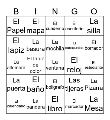 Classroom objects in Spanish  Bingo Card