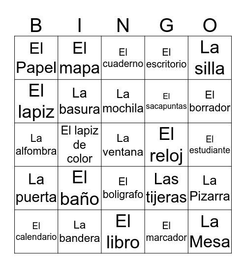 Classroom objects in Spanish  Bingo Card