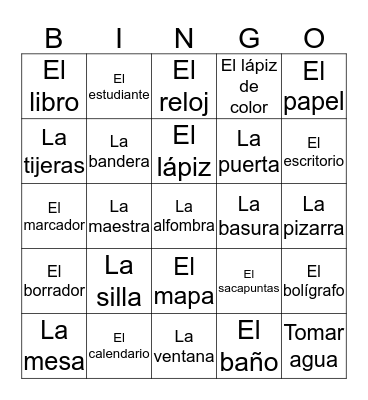 Classroom Objects in Spanish Bingo Card