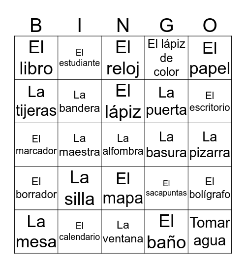 Classroom Objects in Spanish Bingo Card