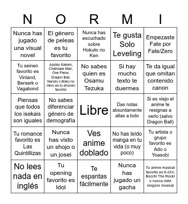 Normie Bingo Card