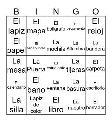 Classroom objects in Spanish Bingo Card