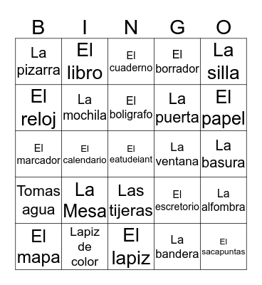 Classroom objects in Spanish  Bingo Card