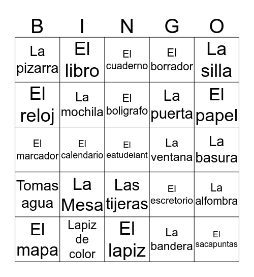 Classroom objects in Spanish  Bingo Card