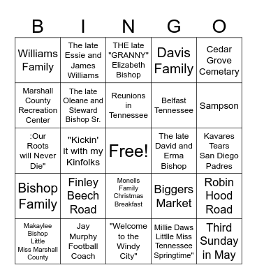 Bishop Davis Williams Family Reunion Bingo Card