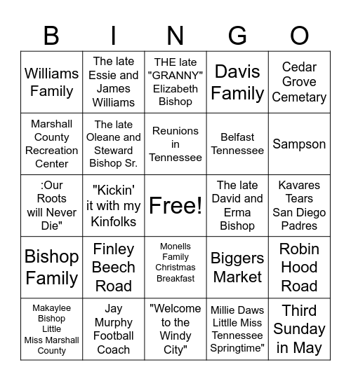 Bishop Davis Williams Family Reunion Bingo Card