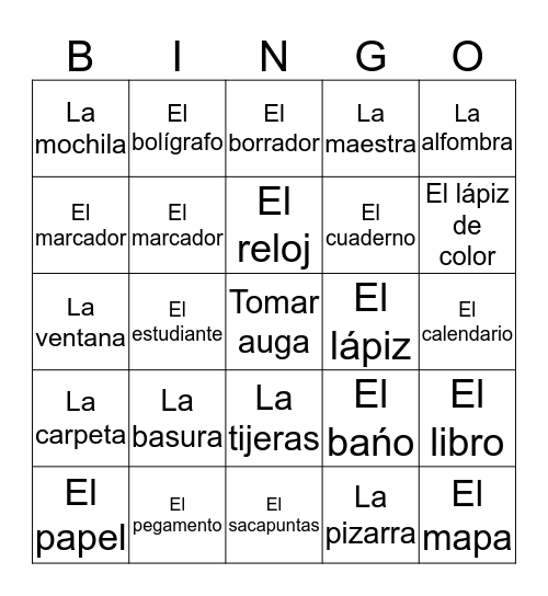 Classroom objects in Spanish  Bingo Card