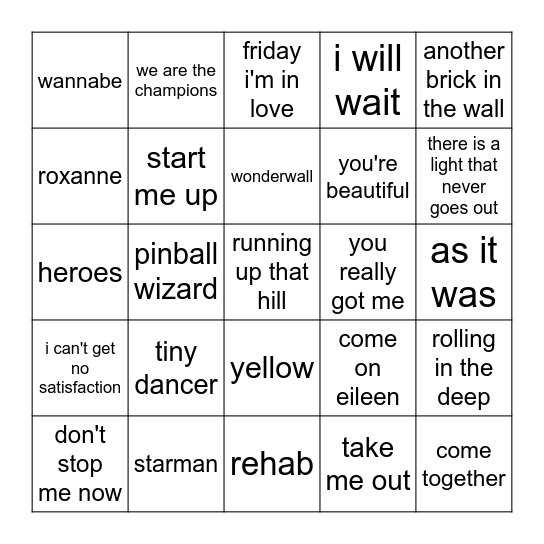 British Invasion Bingo Card