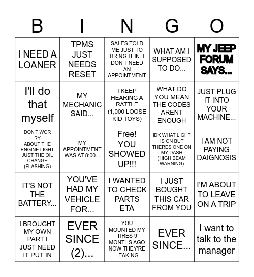 SERVICE DEPARTMENT BINGO Card