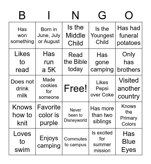 Get to Know You Bingo Card