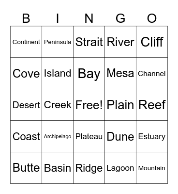 Landform Vocabulary Bingo Card