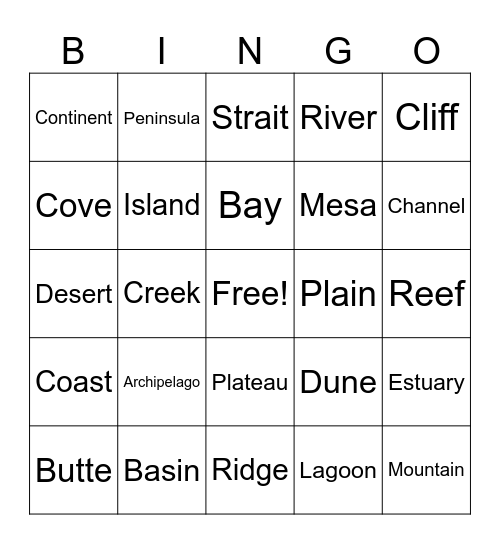 Landform Vocabulary Bingo Card