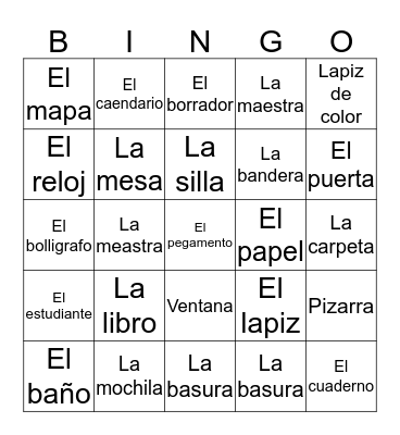 Classroom object board in Spanish  Bingo Card