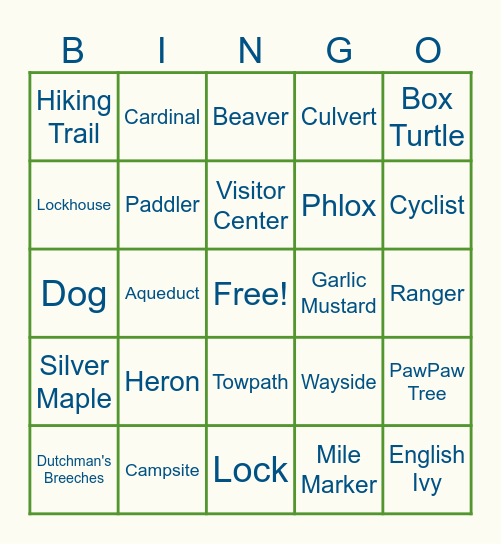 C&O Canal Bingo Card