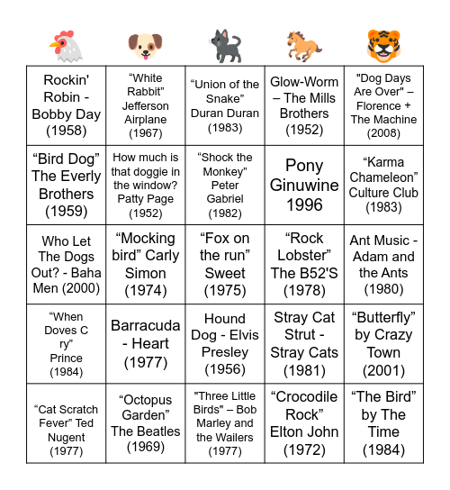 SONGS WITH ANIMALS IN THE TITLE Bingo Card