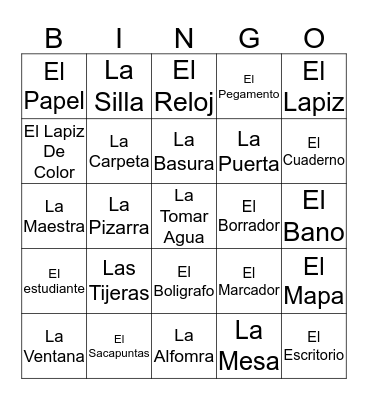 Classroom Objects In Spanish  Bingo Card