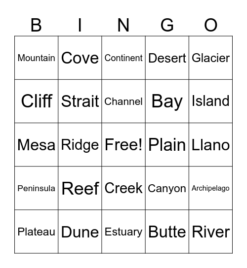 Landform Vocabulary Bingo Card