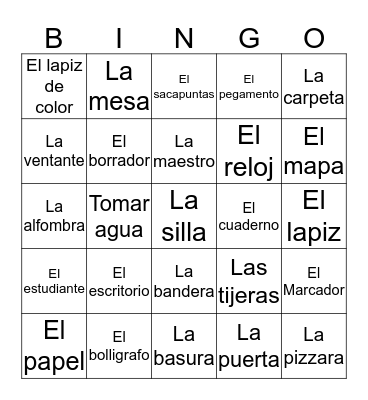 Classroom Objects in Spanish Bingo Card