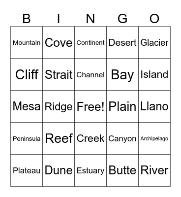 Landform Vocabulary Bingo Card