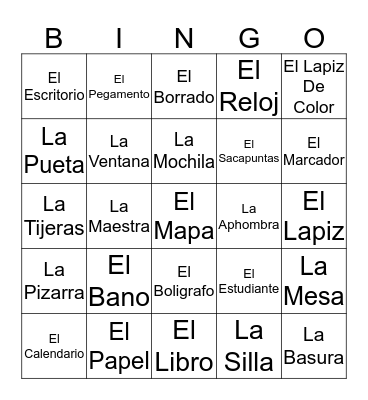 Classroom objects in Spanish. Bingo Card