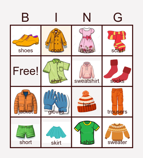 Clothes Bingo Card