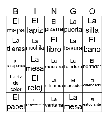 Classroom objects in Spanish  Bingo Card