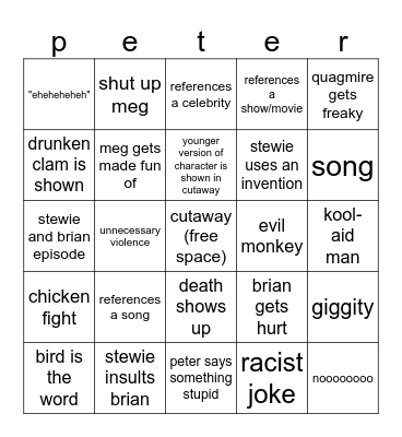 family guy bingo Card