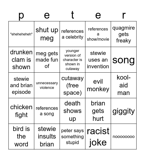 family guy bingo Card