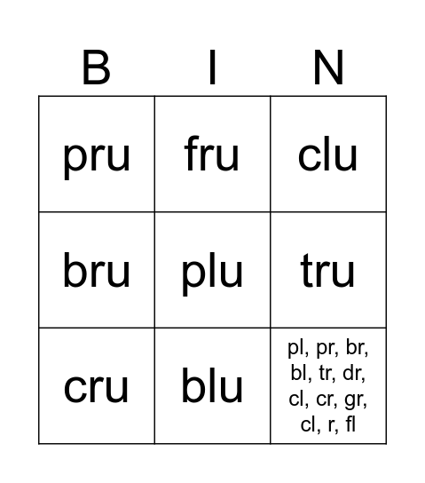 Silabas trabadas con "u" Bingo Card