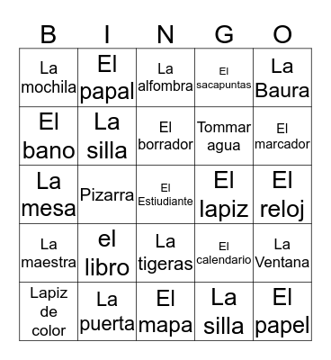 Classroom objects in Spanish  Bingo Card