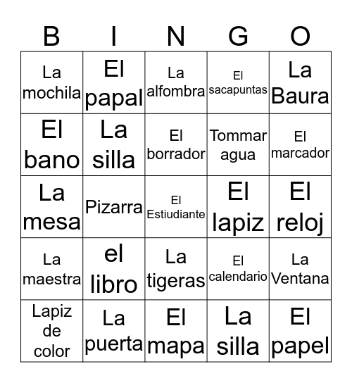 Classroom objects in Spanish  Bingo Card