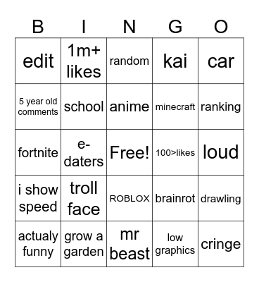 yt shorts Bingo Card