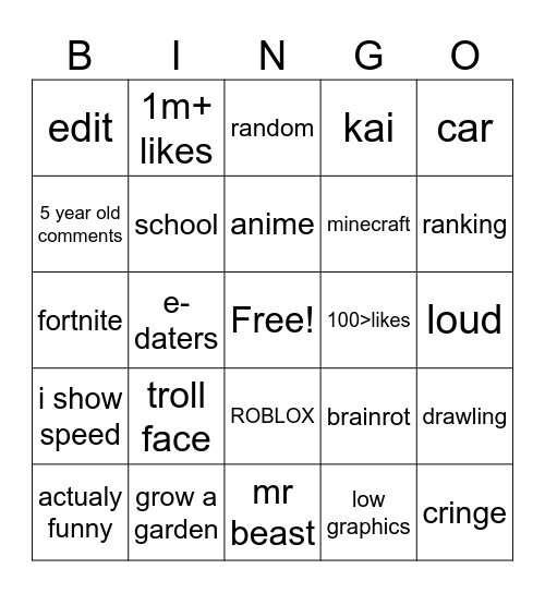 yt shorts Bingo Card
