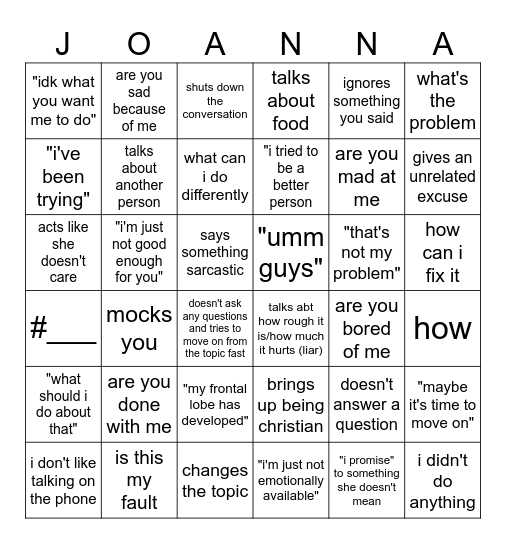 Break Up Bingo Card