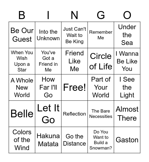 Disney Bingo Card