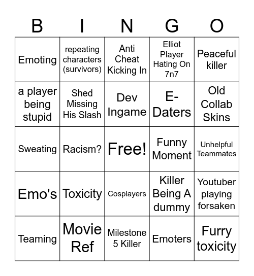 Forsaken Bingo Card