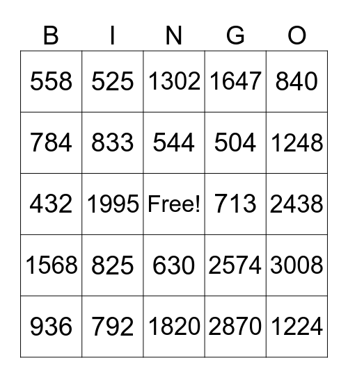 Multiplication 729Bingo Card