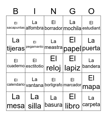Classroom objects in Spanish  Bingo Card