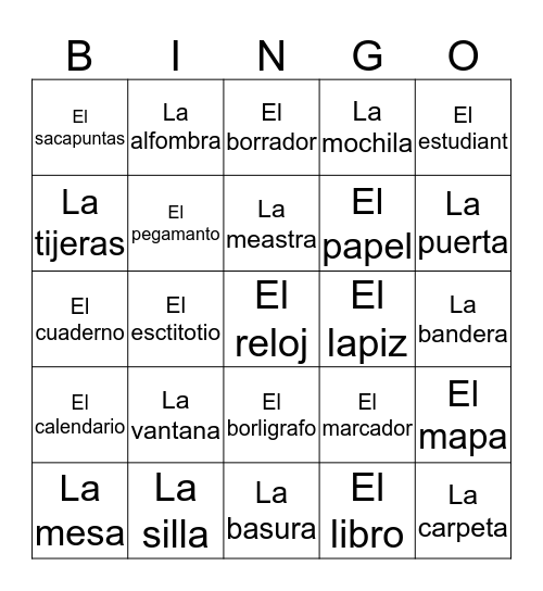 Classroom objects in Spanish  Bingo Card