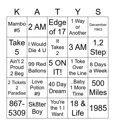 NUMBERS! Name that song. Bingo Card