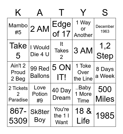 NUMBERS! Name that song. Bingo Card
