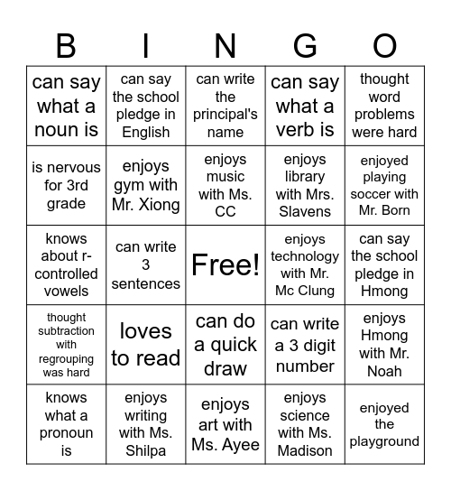 End of the Year Bingo Card