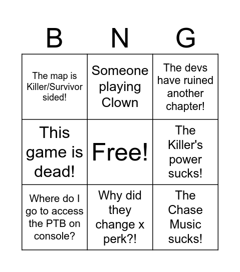 DBD Day 1 PTB Bingo! Bingo Card