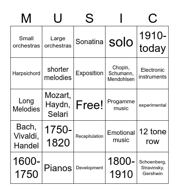 The Eras of Music Hisotry Bingo Card