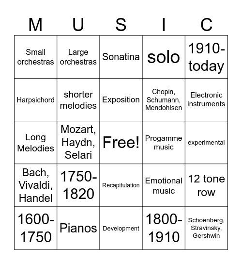 The Eras of Music Hisotry Bingo Card