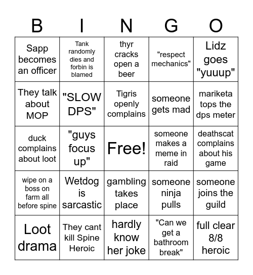 Raid Bingo Card