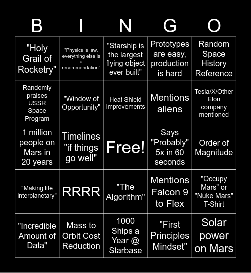 Elon Talk Bingo Card