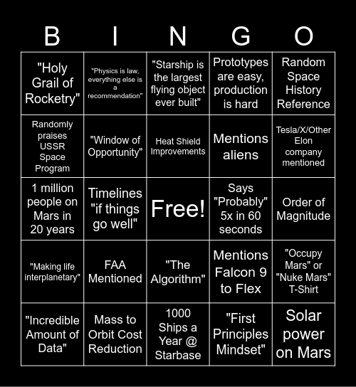 Elon Talk Bingo Card
